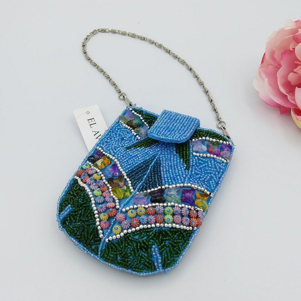El Avenue Artisan Beaded Mini Bag Multicolor Removable Silver Chain Strap NWT